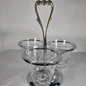 Vintage MCM, Kromex, Triple Condiment Caddy, Lazy Susan Chrome Glass Brass